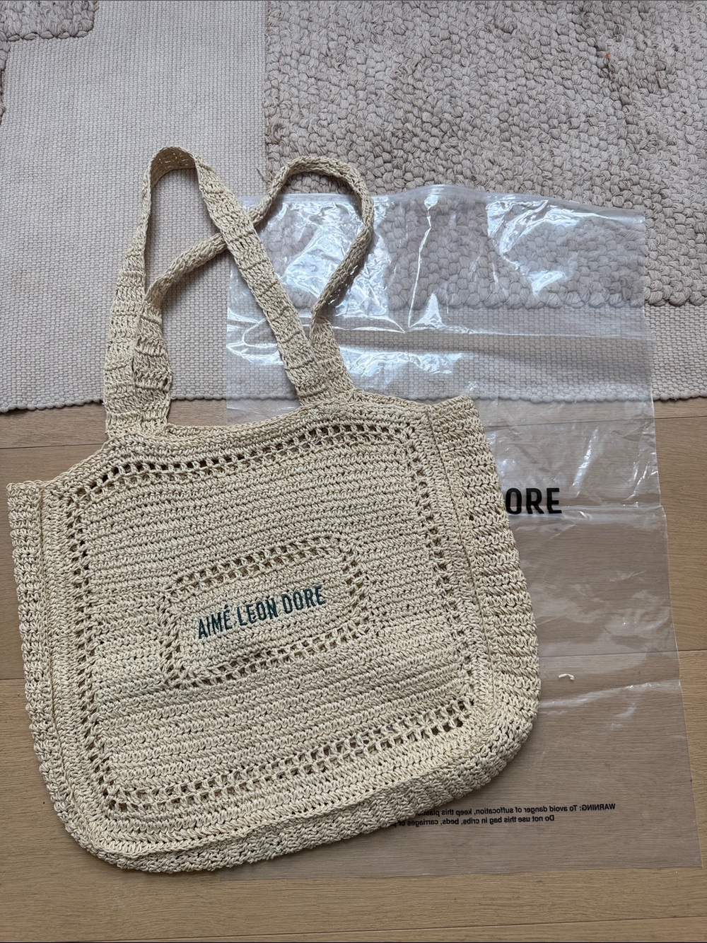 Aime Leon Dore Beige Crochet Tote with Embroidered Logo